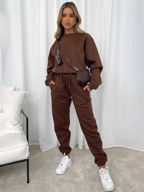 Women Solid Color Round Fashionable Casual Collar Pullover Long Sleeve Trousers Sweater Suit - FashionistaDeal