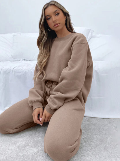 Women Solid Color Round Fashionable Casual Collar Pullover Long Sleeve Trousers Sweater Suit - FashionistaDeal