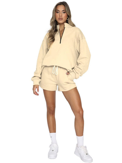 Women's New Solid Color Stand Collar Zipper Pullover Long Sleeve Sweatshirt Shorts Set - FashionistaDeal