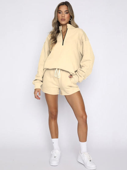 Women's New Solid Color Stand Collar Zipper Pullover Long Sleeve Sweatshirt Shorts Set - FashionistaDeal