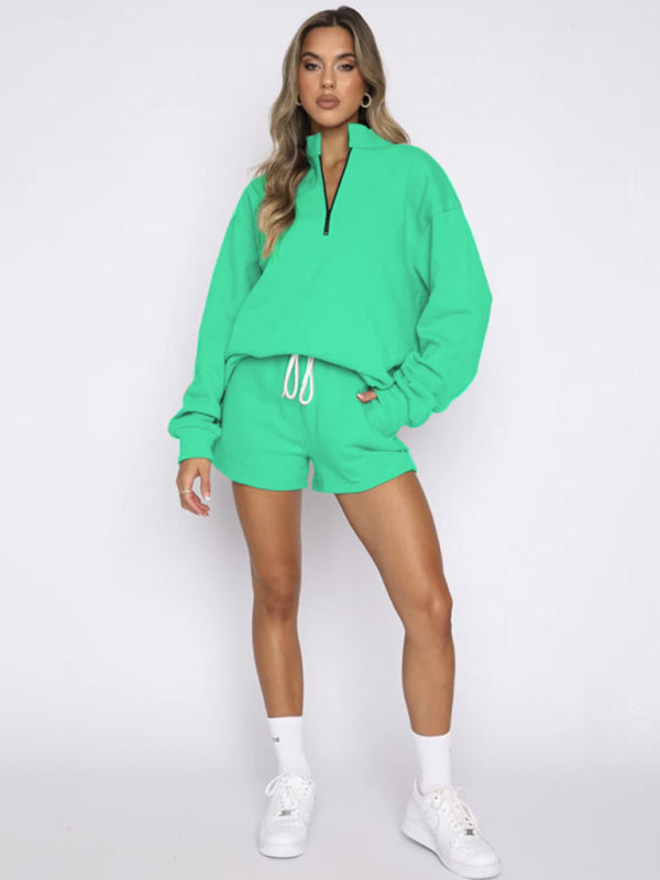 Women's New Solid Color Stand Collar Zipper Pullover Long Sleeve Sweatshirt Shorts Set - FashionistaDeal