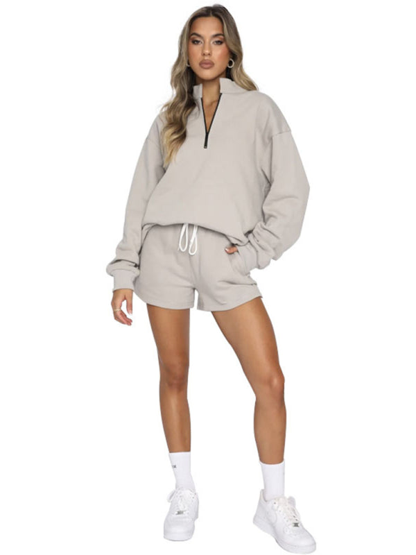 Women's New Solid Color Stand Collar Zipper Pullover Long Sleeve Sweatshirt Shorts Set - FashionistaDeal