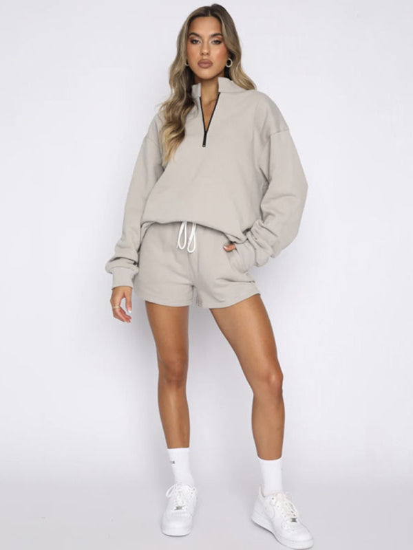 Women's New Solid Color Stand Collar Zipper Pullover Long Sleeve Sweatshirt Shorts Set - FashionistaDeal