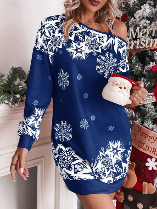 Women's Christmas printed off-shoulder autumn and winter dress - FashionistaDeal