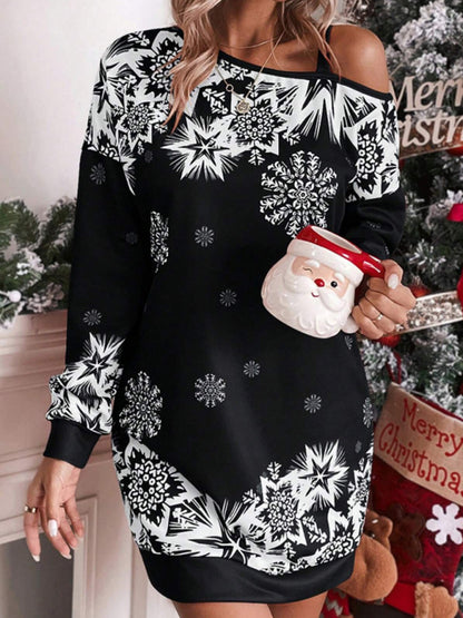 Women's Christmas printed off-shoulder autumn and winter dress - FashionistaDeal