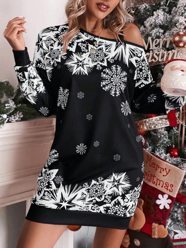 Women's Christmas printed off-shoulder autumn and winter dress - FashionistaDeal