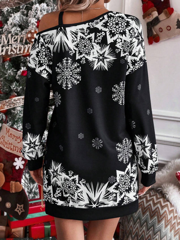 Women's Christmas printed off-shoulder autumn and winter dress - FashionistaDeal