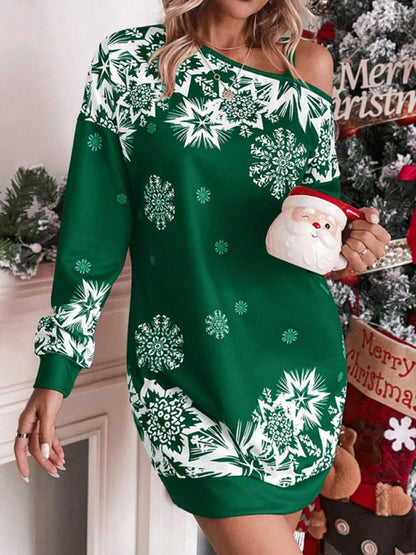 Women's Christmas printed off-shoulder autumn and winter dress - FashionistaDeal