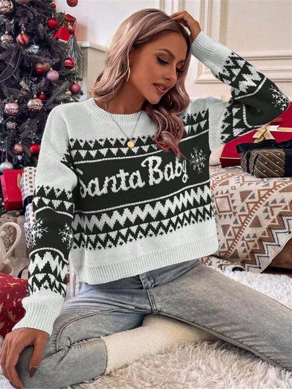 Women's loose, simple and versatile round neck knitted pullover Christmas sweater - FashionistaDeal