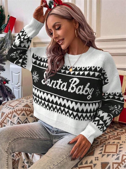 Women's loose, simple and versatile round neck knitted pullover Christmas sweater - FashionistaDeal