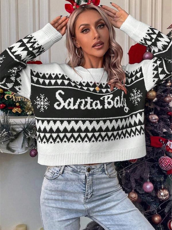 Women's loose, simple and versatile round neck knitted pullover Christmas sweater - FashionistaDeal