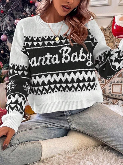 Women's loose, simple and versatile round neck knitted pullover Christmas sweater - FashionistaDeal