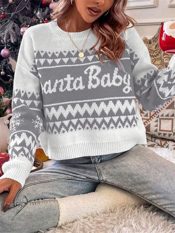 Women's loose, simple and versatile round neck knitted pullover Christmas sweater - FashionistaDeal