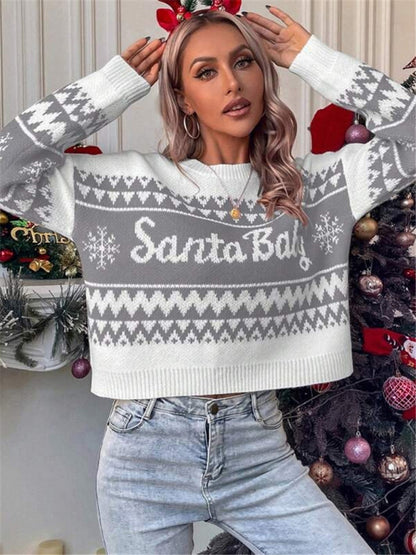 Women's loose, simple and versatile round neck knitted pullover Christmas sweater - FashionistaDeal