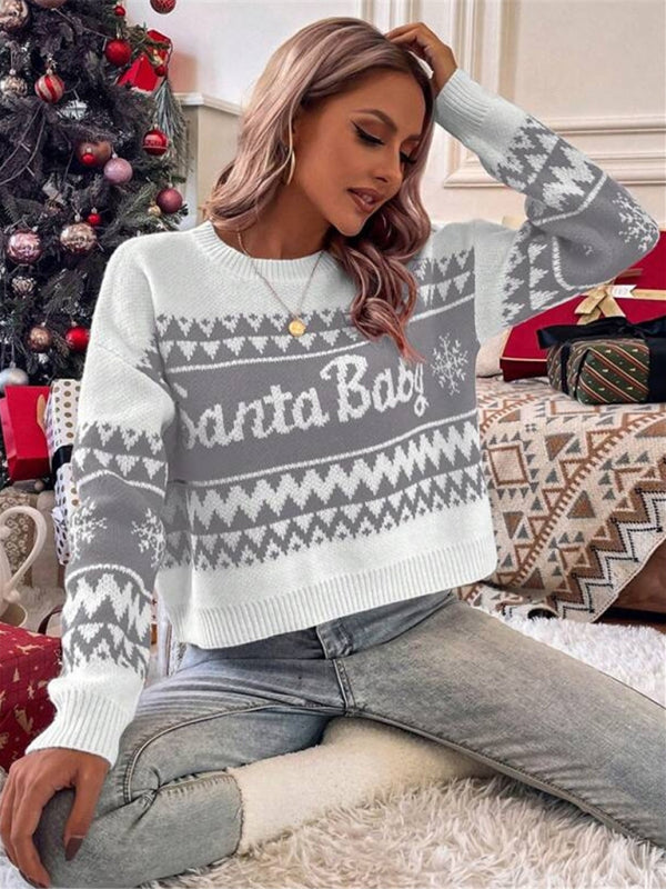 Women's loose, simple and versatile round neck knitted pullover Christmas sweater - FashionistaDeal