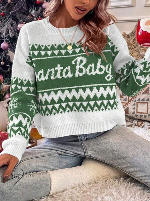 Women's loose, simple and versatile round neck knitted pullover Christmas sweater - FashionistaDeal