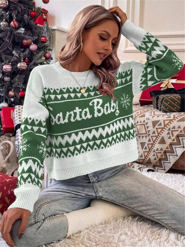 Women's loose, simple and versatile round neck knitted pullover Christmas sweater - FashionistaDeal