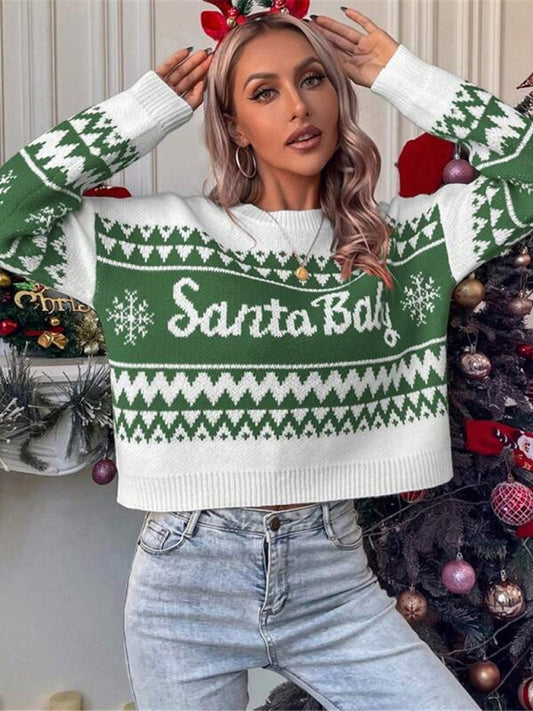 Women's loose, simple and versatile round neck knitted pullover Christmas sweater - FashionistaDeal