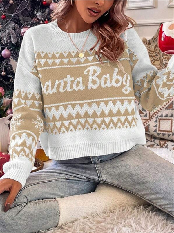 Women's loose, simple and versatile round neck knitted pullover Christmas sweater - FashionistaDeal