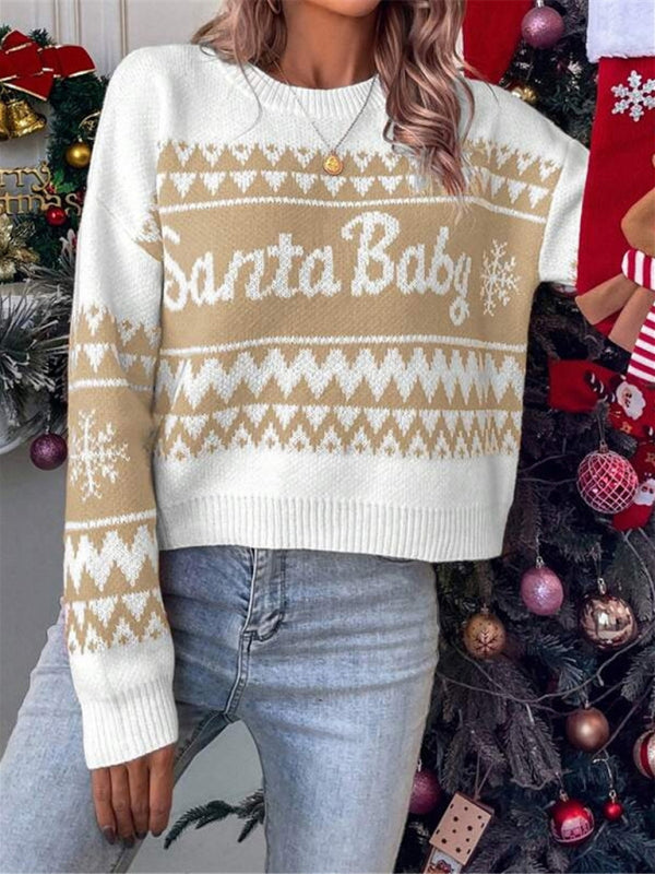 Women's loose, simple and versatile round neck knitted pullover Christmas sweater - FashionistaDeal