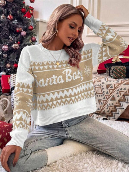 Women's loose, simple and versatile round neck knitted pullover Christmas sweater - FashionistaDeal