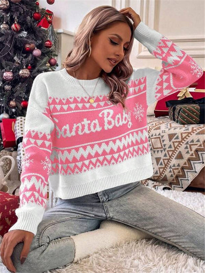 Women's loose, simple and versatile round neck knitted pullover Christmas sweater - FashionistaDeal