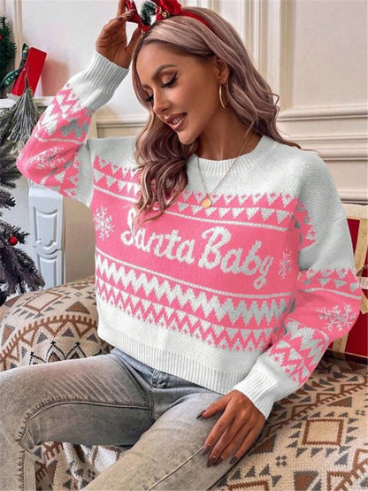 Women's loose, simple and versatile round neck knitted pullover Christmas sweater - FashionistaDeal