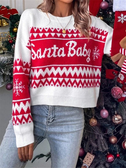 Women's loose, simple and versatile round neck knitted pullover Christmas sweater - FashionistaDeal