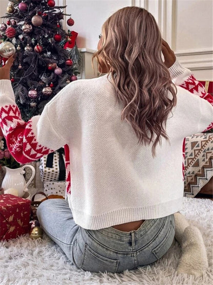 Women's loose, simple and versatile round neck knitted pullover Christmas sweater - FashionistaDeal