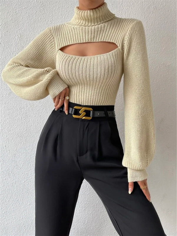 Women's loose versatile sweater turtleneck hollow sweater outer top - FashionistaDeal