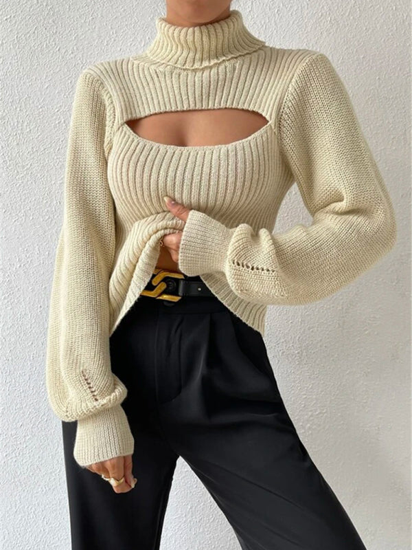 Women's loose versatile sweater turtleneck hollow sweater outer top - FashionistaDeal