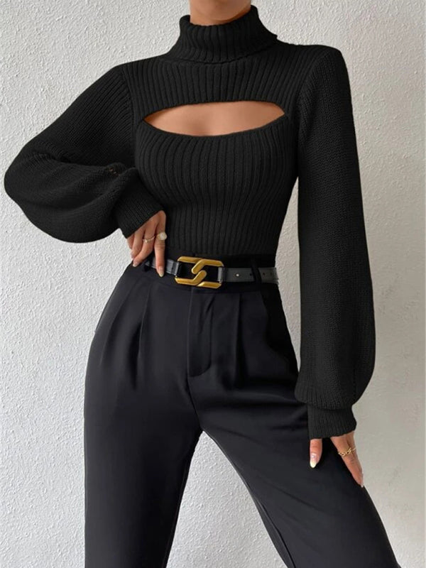 Women's loose versatile sweater turtleneck hollow sweater outer top - FashionistaDeal