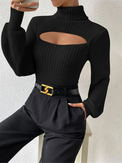 Women's loose versatile sweater turtleneck hollow sweater outer top - FashionistaDeal