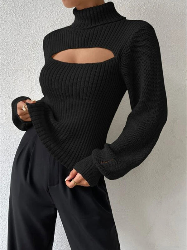 Women's loose versatile sweater turtleneck hollow sweater outer top - FashionistaDeal