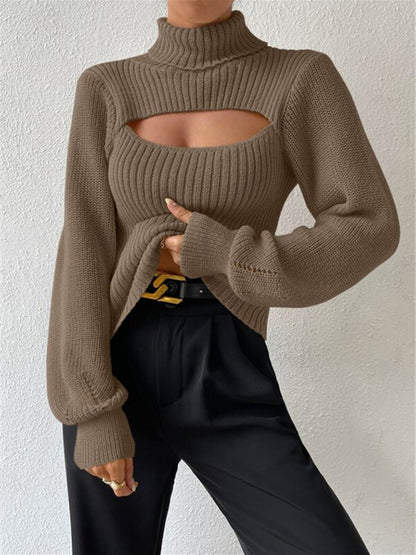 Women's loose versatile sweater turtleneck hollow sweater outer top - FashionistaDeal