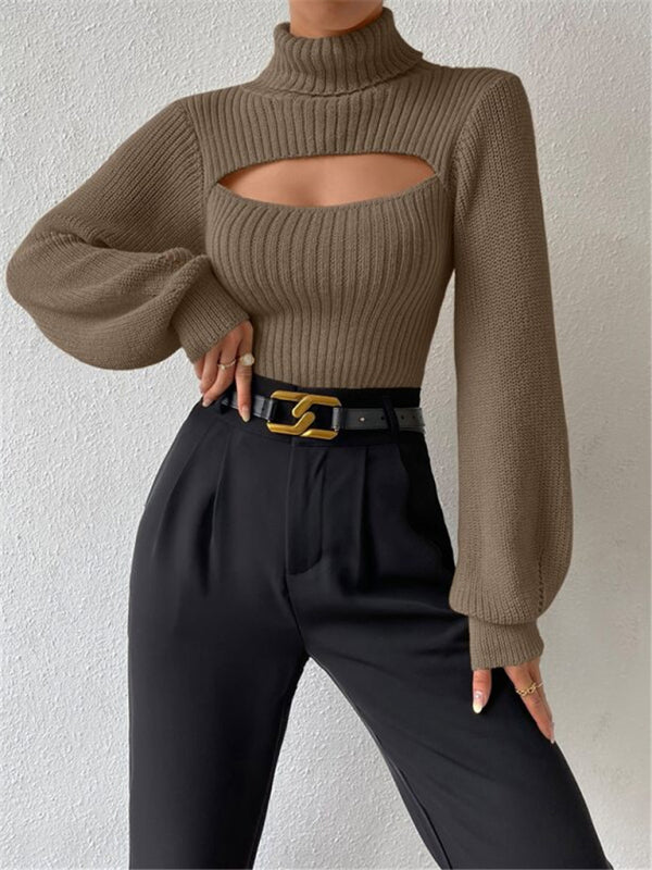 Women's loose versatile sweater turtleneck hollow sweater outer top - FashionistaDeal