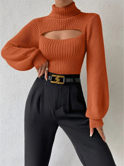 Women's loose versatile sweater turtleneck hollow sweater outer top - FashionistaDeal