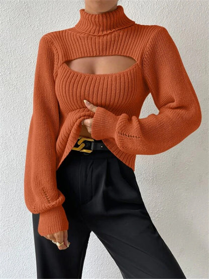 Women's loose versatile sweater turtleneck hollow sweater outer top - FashionistaDeal