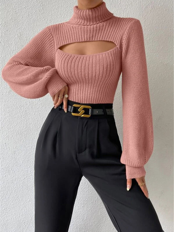 Women's loose versatile sweater turtleneck hollow sweater outer top - FashionistaDeal