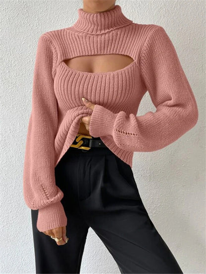 Women's loose versatile sweater turtleneck hollow sweater outer top - FashionistaDeal