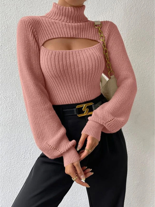 Women's loose versatile sweater turtleneck hollow sweater outer top - FashionistaDeal