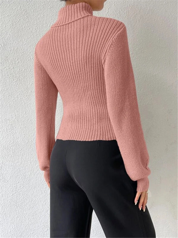 Women's loose versatile sweater turtleneck hollow sweater outer top - FashionistaDeal