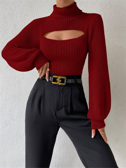 Women's loose versatile sweater turtleneck hollow sweater outer top - FashionistaDeal