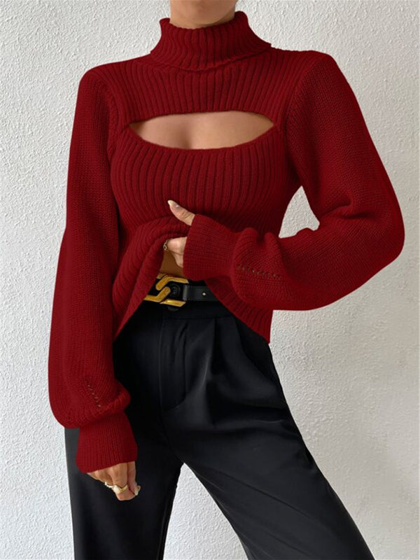 Women's loose versatile sweater turtleneck hollow sweater outer top - FashionistaDeal