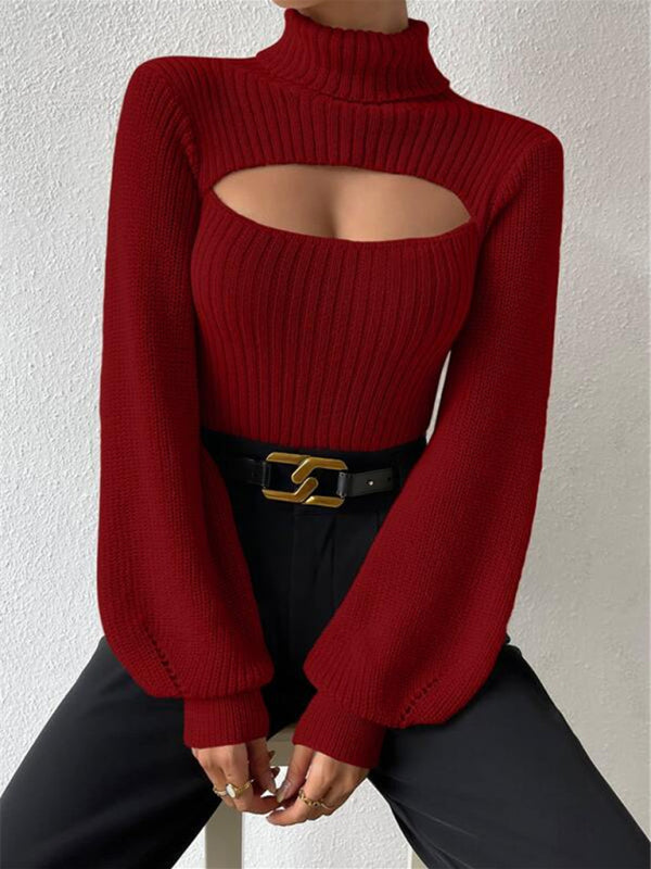 Women's loose versatile sweater turtleneck hollow sweater outer top - FashionistaDeal