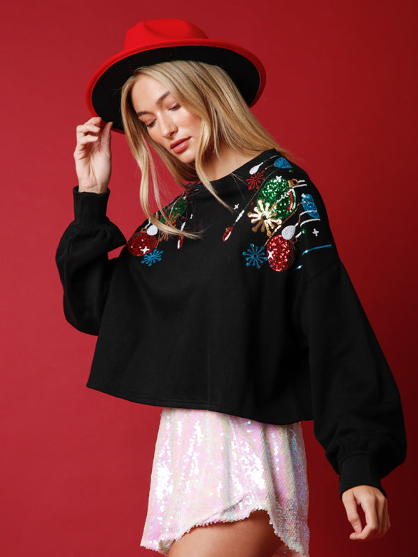 New fashionable Christmas sequined round neck pullover loose sweatshirt - FashionistaDeal