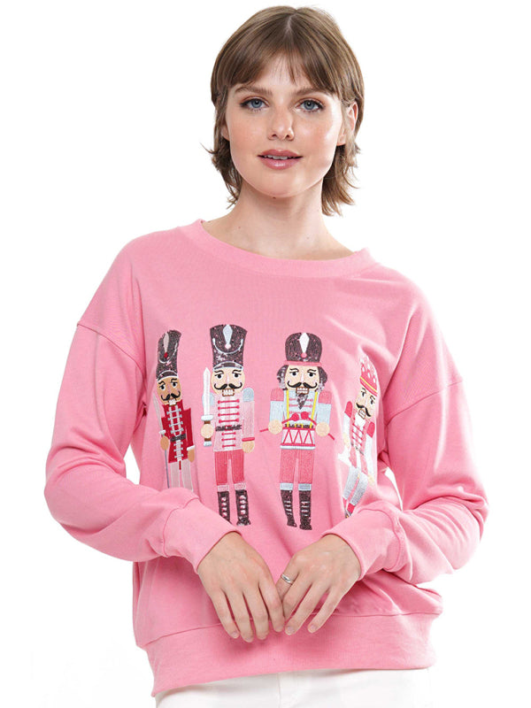 Women's Christmas element top round neck pullover embroidered sequined sweatshirt - FashionistaDeal