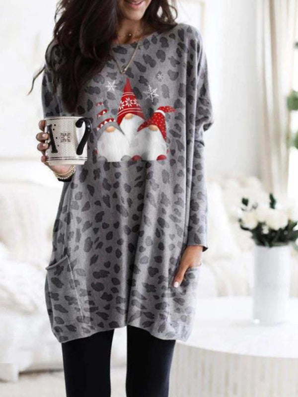 New Long Sleeve Pocket Leopard Christmas Print Dress - FashionistaDeal