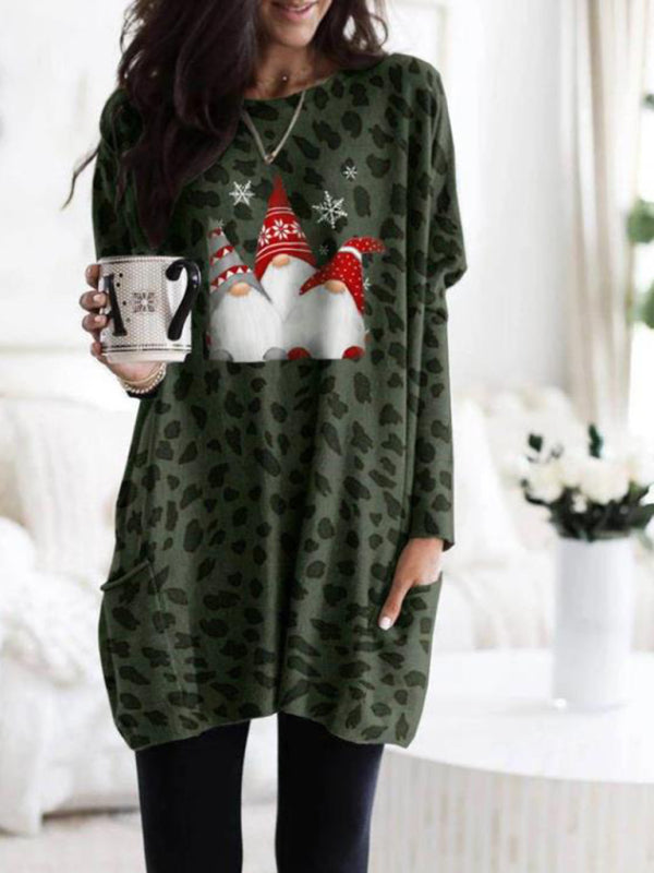 New Long Sleeve Pocket Leopard Christmas Print Dress - FashionistaDeal