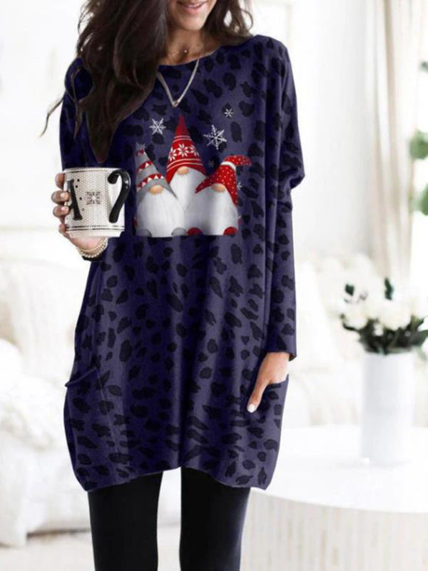 New Long Sleeve Pocket Leopard Christmas Print Dress - FashionistaDeal